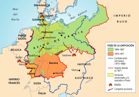 mapa de la Confederació germànica i les fases de la unificació